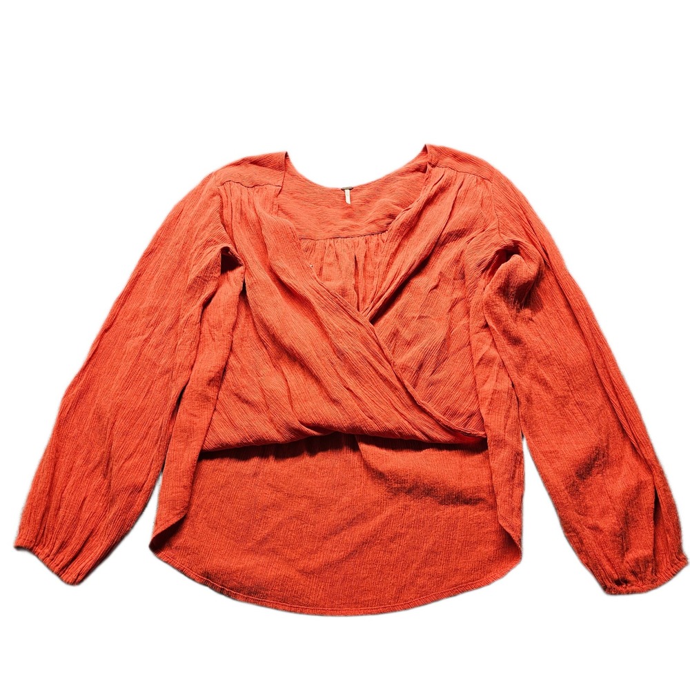Free People‎ Wrap Blouse Top Womens Large Orange Rust Textured V-Neck Pullover